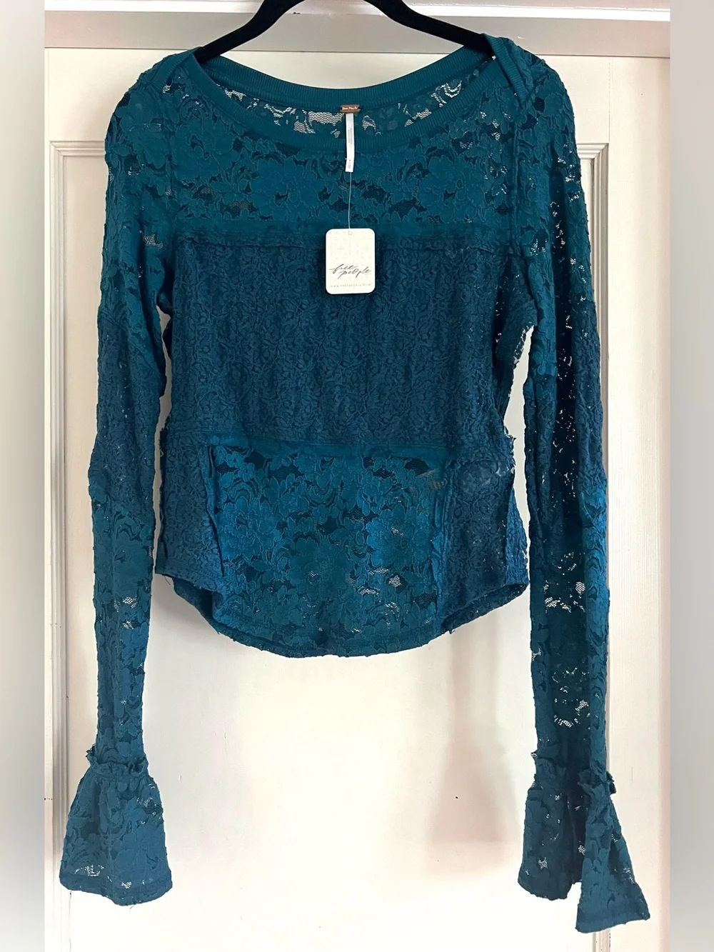 Free People Sheer Lace Flared Long Sleeve Top in Deep Dive Size Small NWT